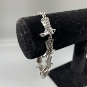 Vintage Western Cowboy Boot Charm Bracelet Silver Tone Adjustable Jewelry